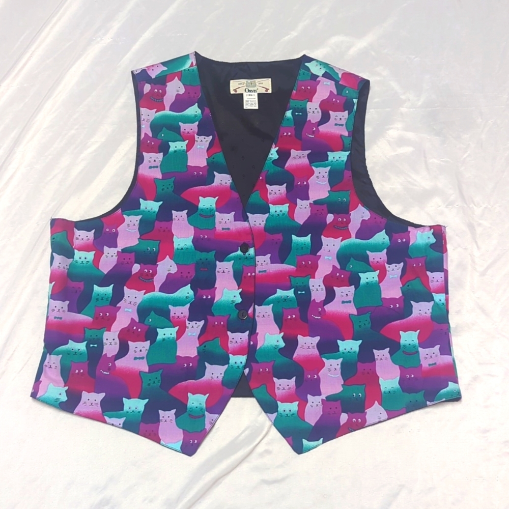 Orvis Vintage Kitschy Cat Lover Bold Colorful 2 Button Vest Purple Teal Pink